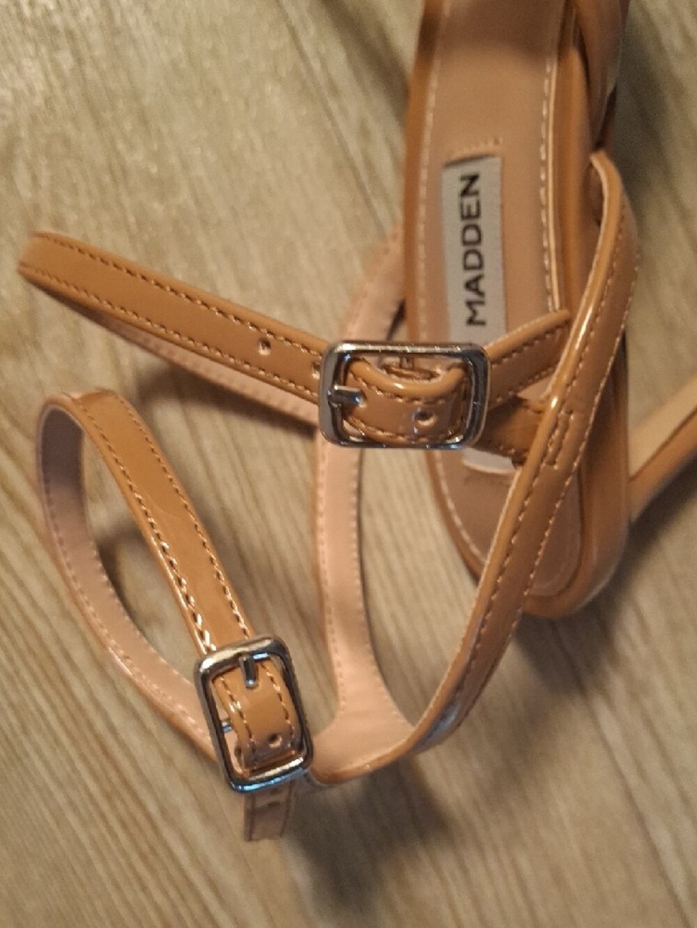 Steve Madden Patent Tan Strappy Lace-Up Sandals - Picture 8 of 13